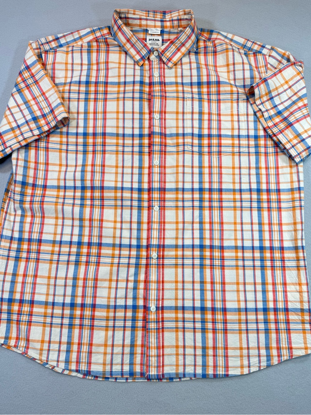 prAna Men's Orange Plaid Short-Sleeve Button-Down Shirt XXL
